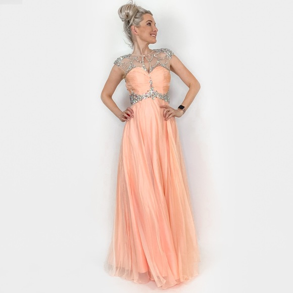 Peach Illusion Rhinestone Prom Pageant Dress - Picture 7 of 8